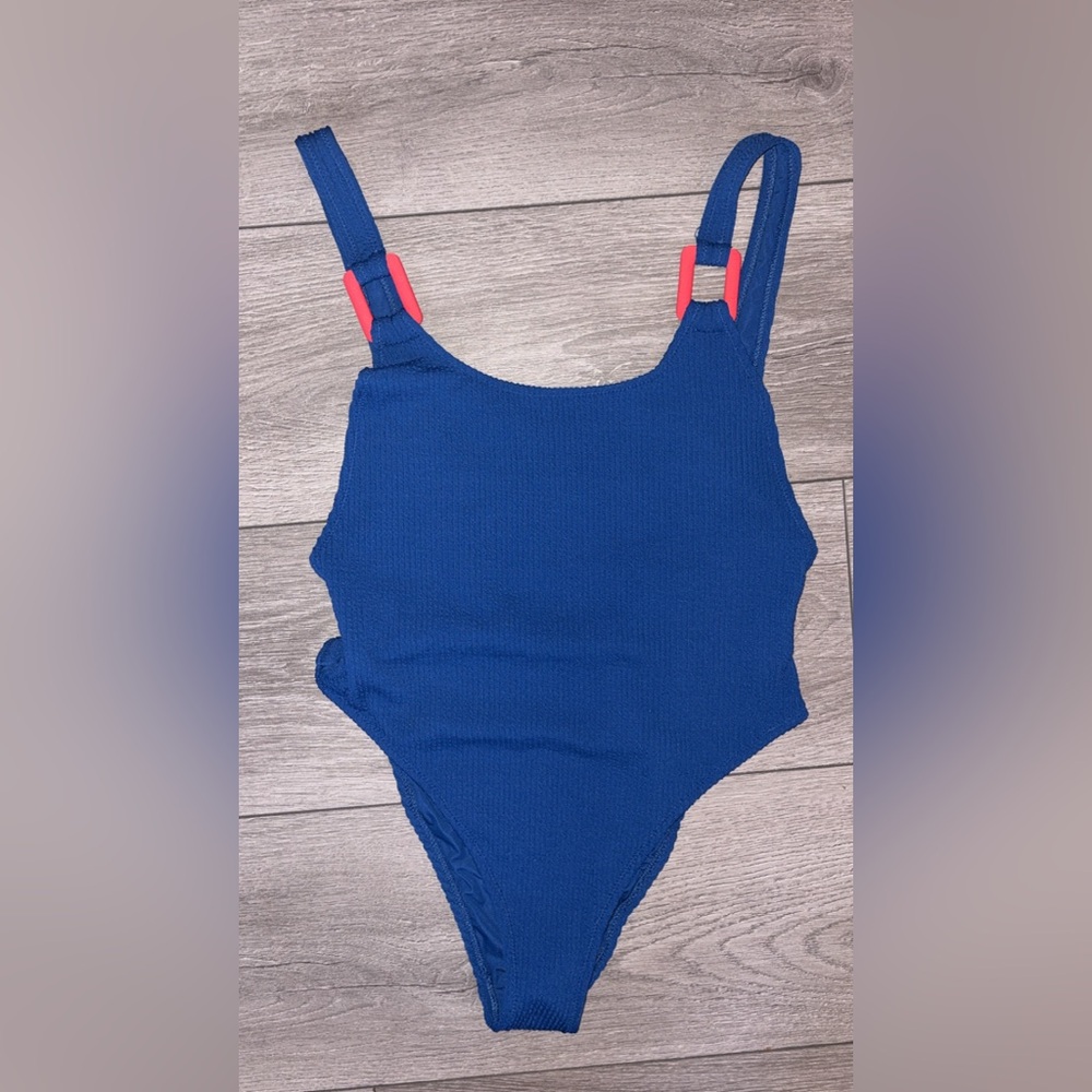 Aerie Size Medium One Piece Swim Suit Ribbed Blue W/ Pink Accents New W Tags